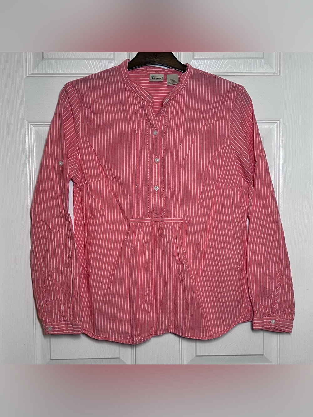 LL BEAN Button Front Blouse Top Pink White Striped Roll Tab Sleeves Women's S
